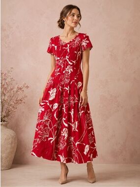 Vintage Handmade Floral Midi Dress Red Cottagecore Prairie Romantic Cotton 90s